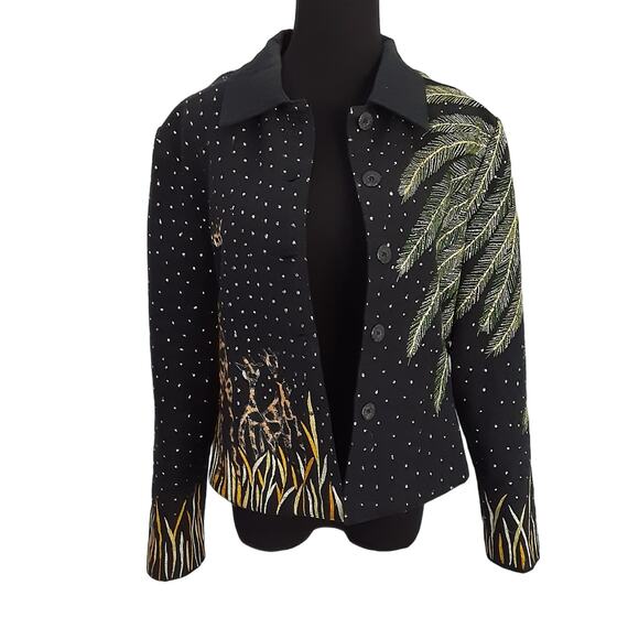 Vintage 80s Beaded Jacket Giraffe Embellished Safari 100% Cotton Button Front M - Picture 1 of 11